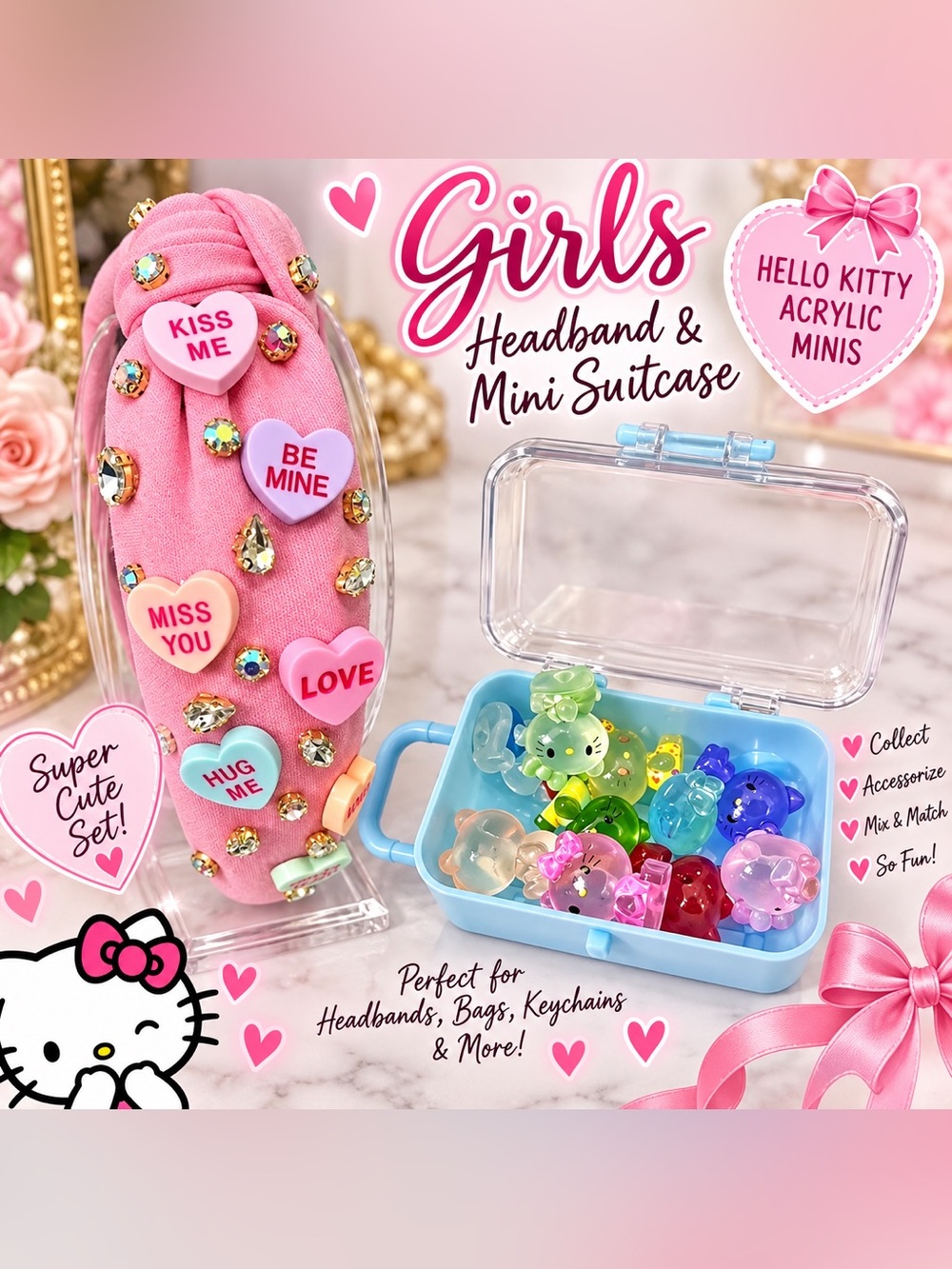 Headband with hearts / rhinestones & a mini suitcase with acrylic Hello Kitties